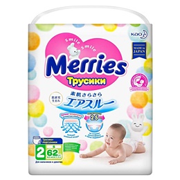 Подгузники-трусики Merries размер 2 (S) 4-8 кг (62 штуки в упаковке)