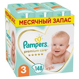 Подгузники Pampers Premium Care Midi Мега Супер Упаковка 3 (M) 6-10 кг (148 штук в упаковке)